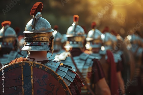 Dramatic reenactment of roman soldiers engaged in a historic battle Showcasing ancient military tactics and valor