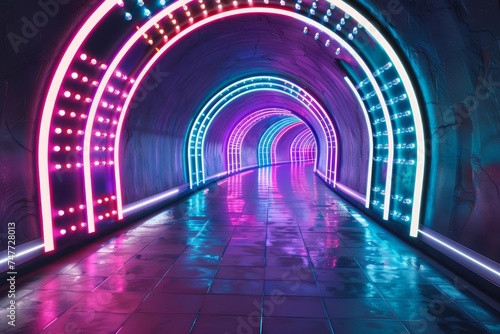 Futuristic tunnel illuminated by neon lights Creating a dynamic and vibrant background for sci-fi and speed concepts