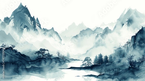 Misty Sunrise Over Alpine Mountains with Foggy Valley View Chinese ink style