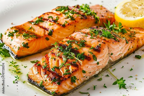 Grilled salmon fillet with lemon and herbs Beautifully plated on a bright White background for a healthy meal option