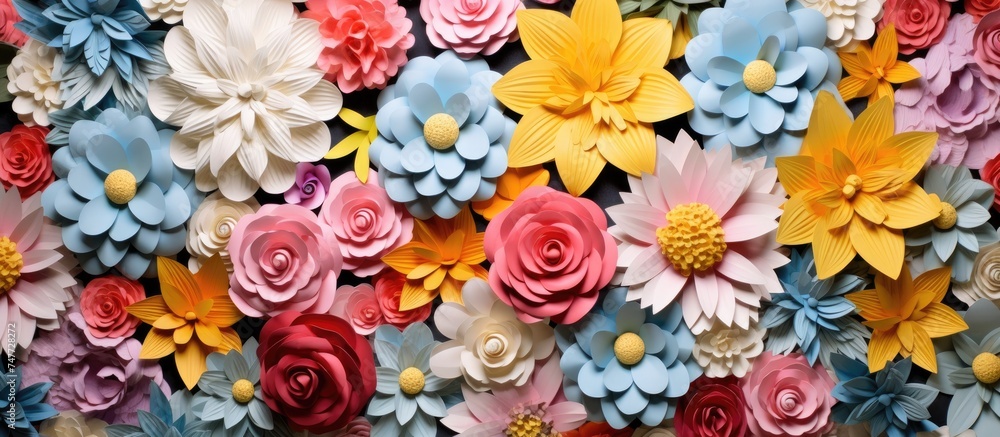 A collection of artificial flowers displayed on a wall. The flowers are varied in color and shape, enhancing the visual appeal of the wall they adorn. A collection of artificial flowers displayed on a wall. The flowers are varied in color and shape, enhancing the visual appeal of the wall they adorn.