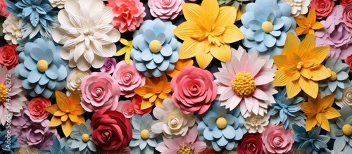 A collection of artificial flowers displayed on a wall. The flowers are varied in color and shape, enhancing the visual appeal of the wall they adorn.