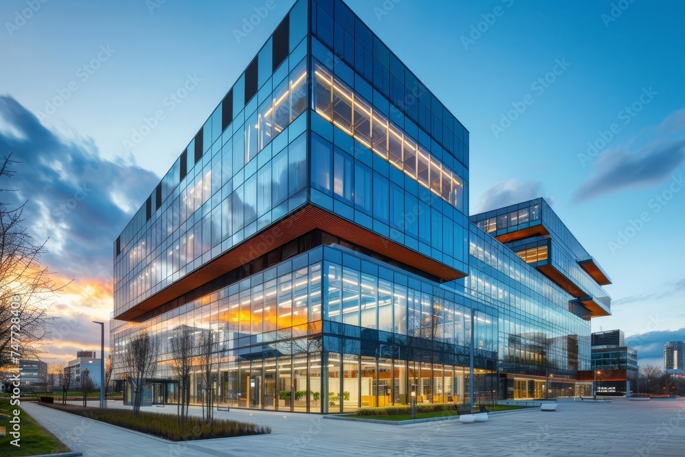 Obraz premium Modern business center with glass facades Reflecting the sky and showcasing architectural elegance and urban development