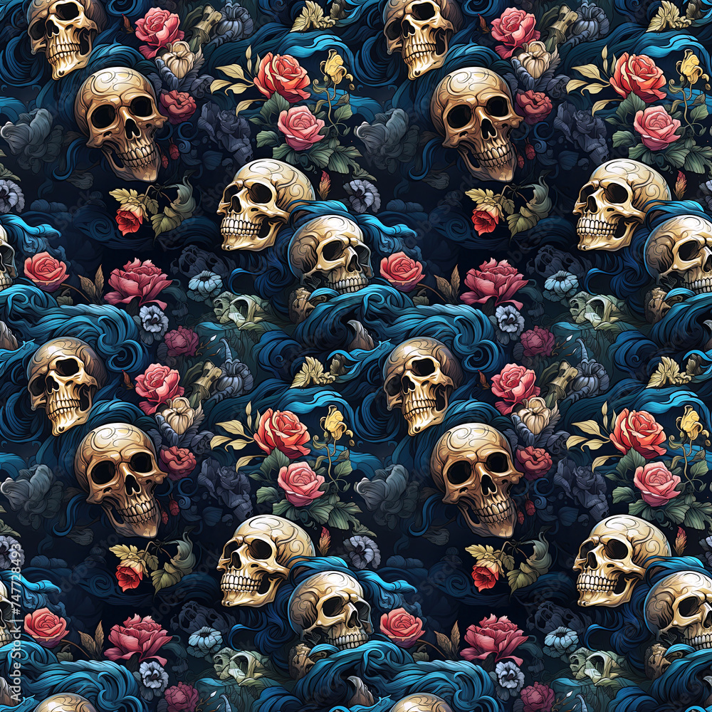 seamless pattern with multicolored skulls in flowers on black background. Festive rock texture for decoration of textiles and fabrics for Halloween and Dia De Muertos
