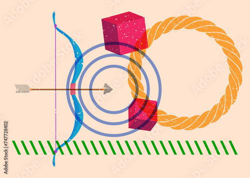 Risograph Bow and arrow with geometric shapes. Objects in trendy riso graph print texture style design with geometry elements.