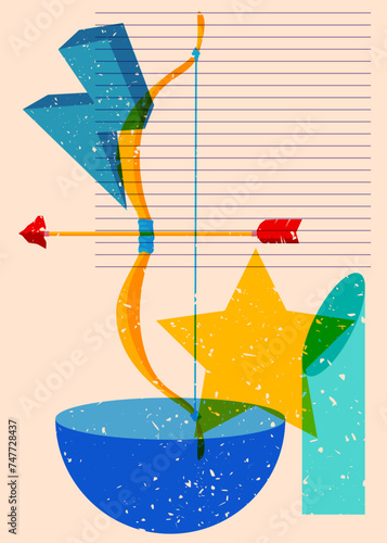 Risograph Bow and arrow with geometric shapes. Objects in trendy riso graph print texture style design with geometry elements.