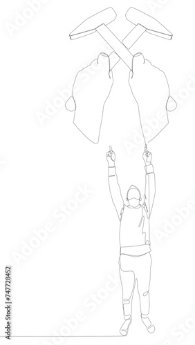 One continuous line of Man pointing with finger at Hammer. Thin Line Illustration Construction vector concept. Contour Drawing Creative ideas.