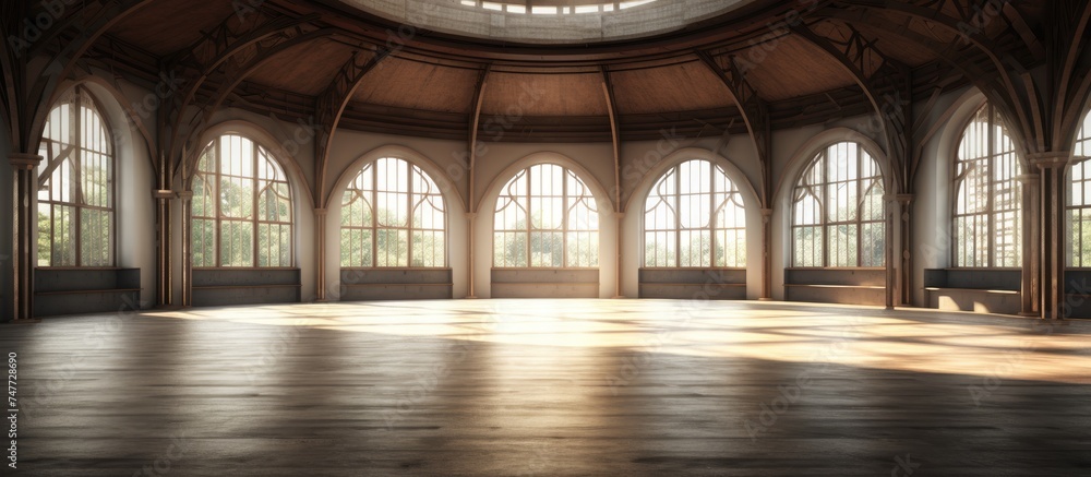 The image shows an empty pavilion with a spacious room, large windows that let in abundant natural light, and a circular ceiling design. The room appears vast and open,