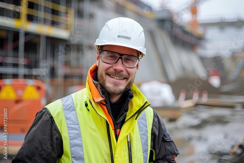 Smiling engineer with a confident posture on a construction site