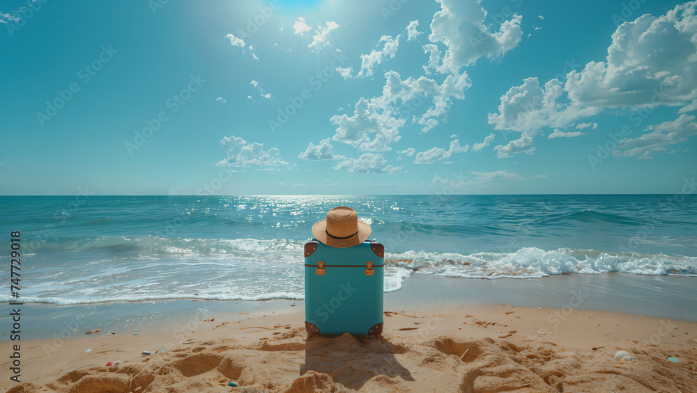 A blue suitcase was placed in the middle of the beach, summer holiday A blue suitcase was placed in the middle of the beach, summer holiday