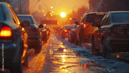 Many cars are stuck in traffic jams on the city roads, morning rush hour