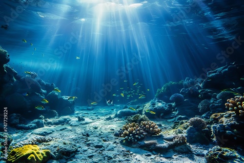 Tranquil underwater scene with rays of sunlight piercing through the blue ocean Showcasing the serene beauty of marine life