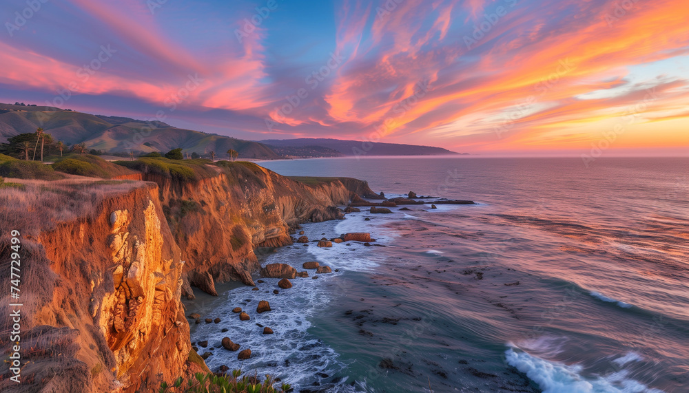 The sun sets over a rugged coastline with cliffs, painting the sky in shades of pink and orange