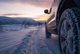Winter tire on an suv navigating a snowy road Emphasizing safety Adventure And family travel to winter destinations