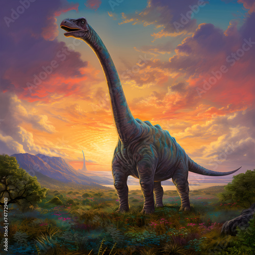 Mesozoic Majesty: The Awe-Inspiring Apatosaurus against a Prehistoric Landscape under Twilight Sky © Adeline