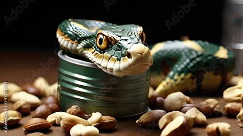 A fake snake popping out of a can of mixed nuts --