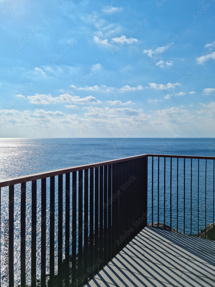 
It is a seascape with a railing.