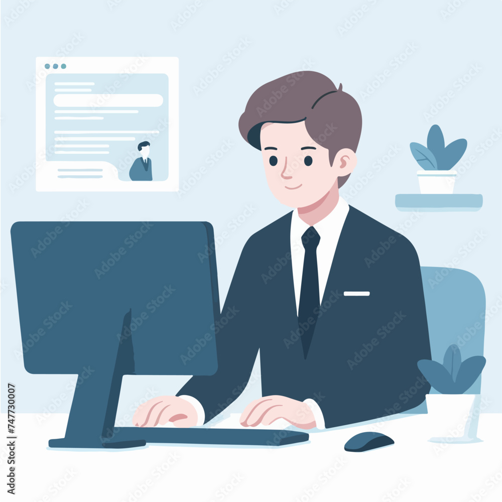 Flat design illustration of man working with computer Flat design illustration of man working with computer