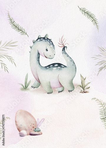 Cute dinosaur cartoon baby shower pre-made background watercolor illustration, hand painted dino for birthday poster decoration. Rex children funny