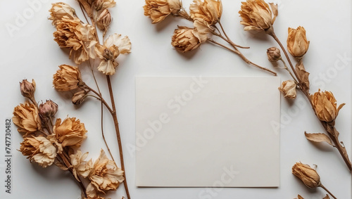 Card mockup and dried flowers top view on white background © Prinxe