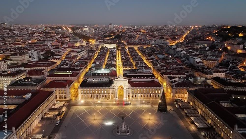 Scenic Night View Of Praca do Comercio And Rua Augusta Arch In Lisbon, Portugal. aerial shot photo