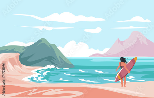 Surfer woman on seashore, sea and mountains view