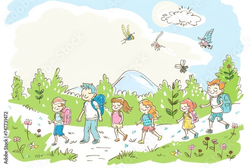 Cartoon cute doodles of families going on a nature hike and exploring the beauty of the outdoors, Generative AI