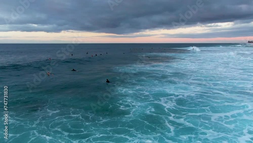 Drone flyover famous surf spot Banzai Pipeline, Ehukai Beach Park, Ohau