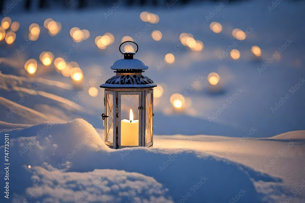 White christmas lantern with candle inside, on pure snow, in evening light White christmas lantern with candle inside, on pure snow, in evening light