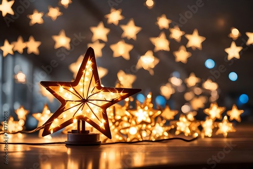 Star-shaped christmas lights on table with blurred background