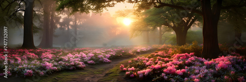 Morning Mist and Colorful Splendor: A Dreamy Vision of an Azalea Garden in Full Bloom