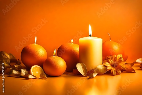 Close up of one glod candle in orange and yellow background