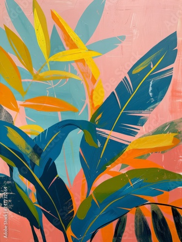 A detailed painting of a lush green plant with intricate leaves against a bright pink background, creating a striking contrast.