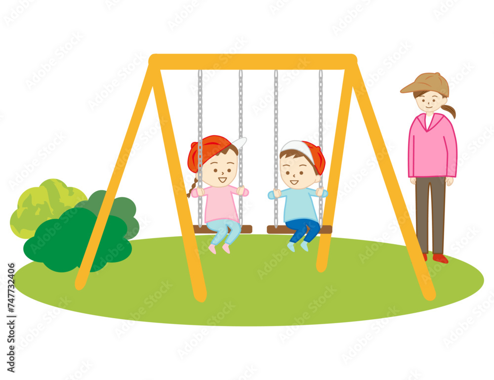 遠足で公園に来て、ブランコで遊ぶ小さな女の子達とそれを見守る若い女性 遠足で公園に来て、ブランコで遊ぶ小さな女の子達とそれを見守る若い女性