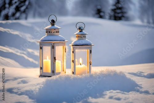 White christmas lantern with candle inside, on pure snow, in evening light © MISHAL
