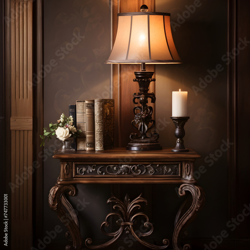 An Artfully Curated Accent Light Display Enhancing the Antique Wooden Piece in a Dimly Lit Room