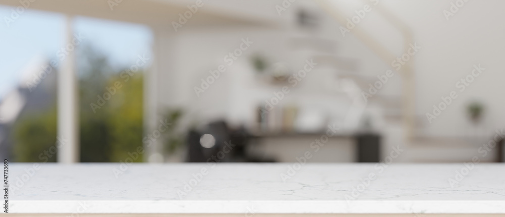 Empty mockup space on a white tabletop with a blurred background of a modern home office.