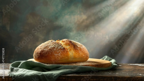 Freshly baked round bread loaf on a wooden board with a rustic backdrop evoking warmth