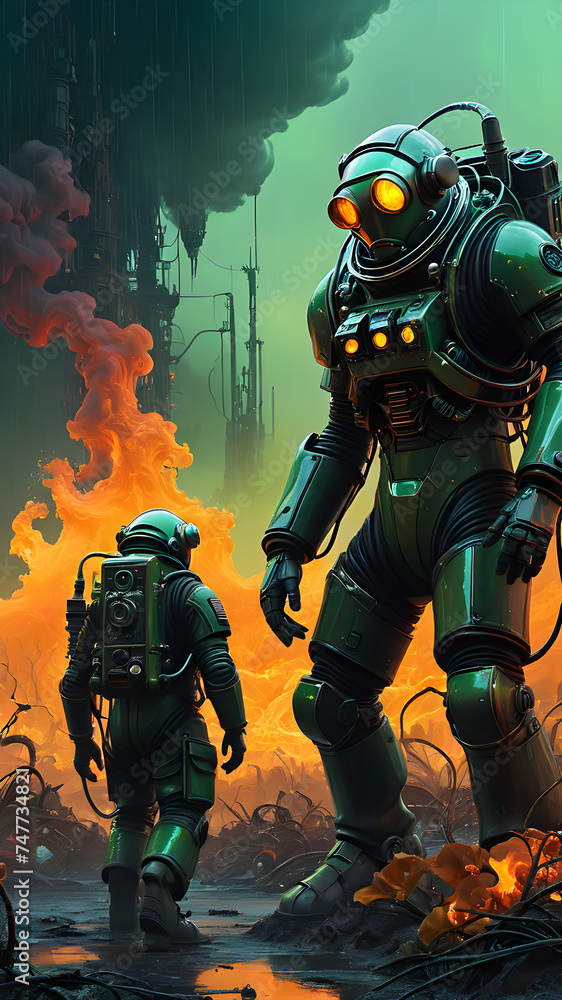 Fototapeta premium Astronaut and alien floating together in space