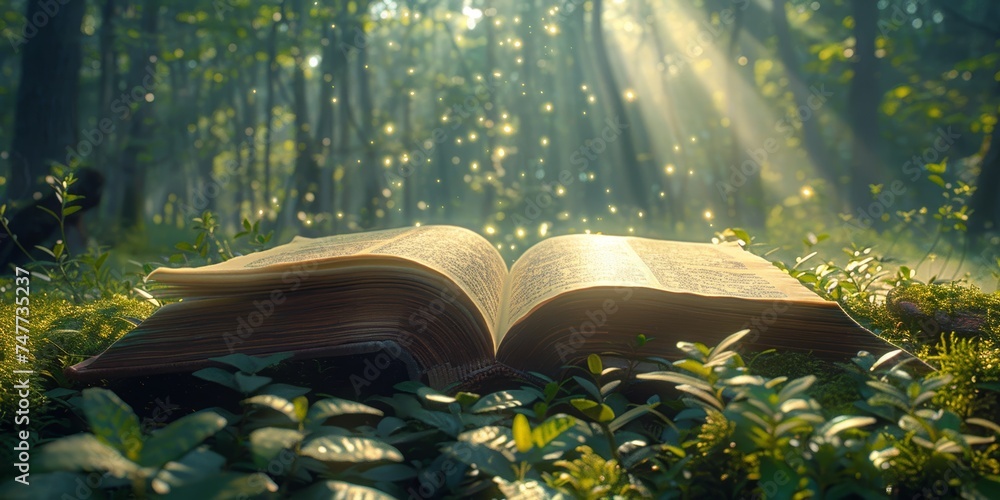 Sunlight filters through the forest canopy onto an open book in a tranquil setting - obrazy, fototapety, plakaty 