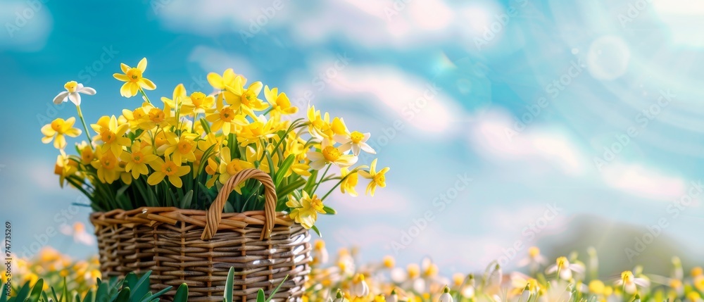 Basket of yellow flowers and snowdrops on a blue spring background