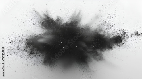 Black charcoal powder dust paint white explosion explode burst isolated splatter abstract. Powder charcoal background black smoke particles on white background. generative ai