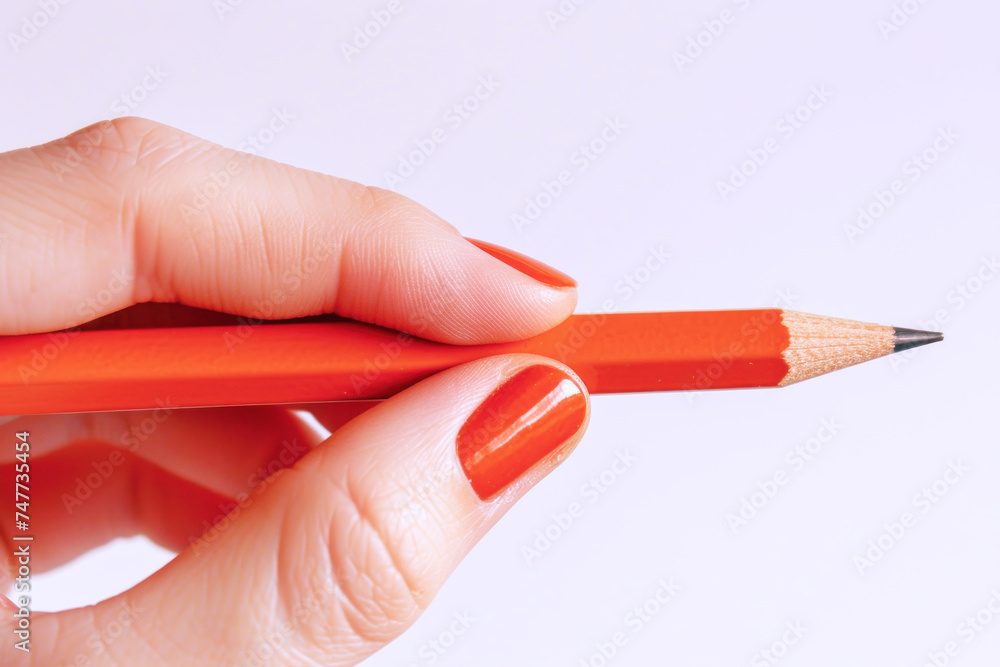 Hand holding a orange pencil, business econonmy financial concept Hand holding a orange pencil, business econonmy financial concept
