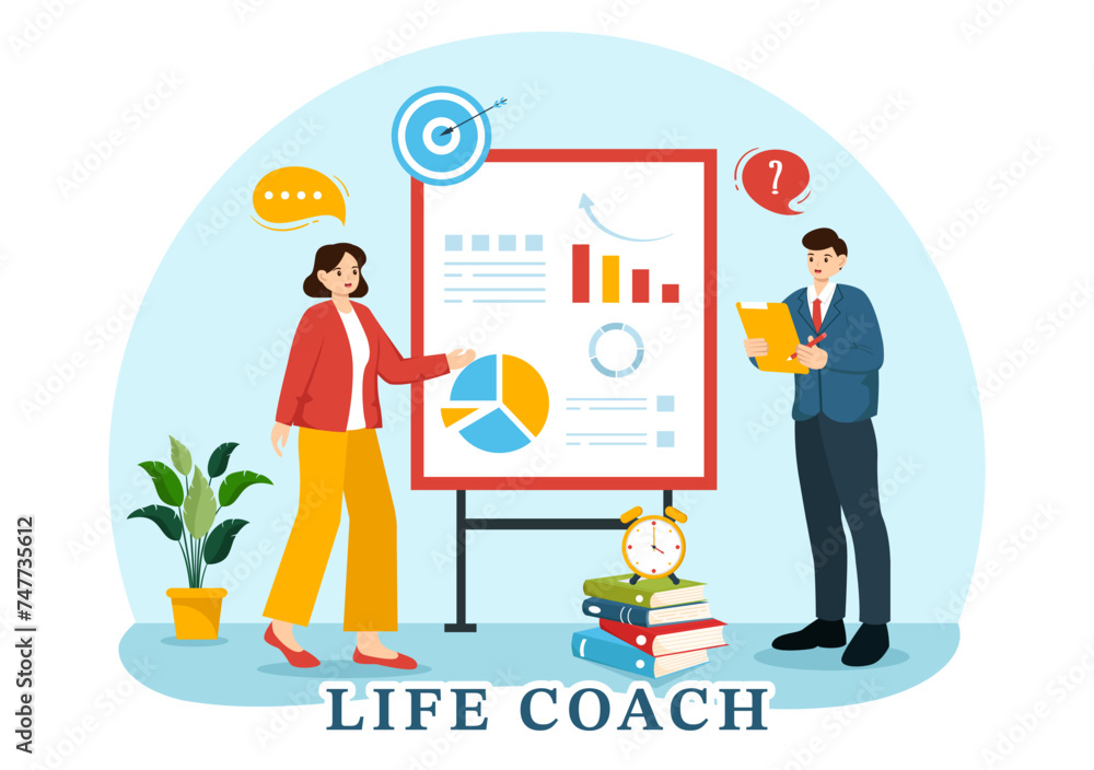 Life Coach Vector Illustration for Consultation, Education, Motivation, Mentoring Perspective and Self Coaching in Business Flat Cartoon Background