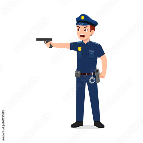 police man holding gun and shout