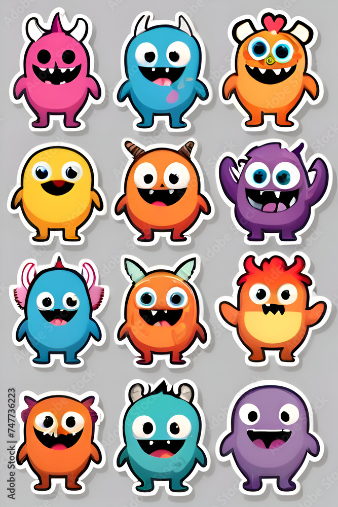 Set of cute monsters stickers in cartoon style. Vector illustration for your design Set of cute monsters stickers in cartoon style. Vector illustration for your design