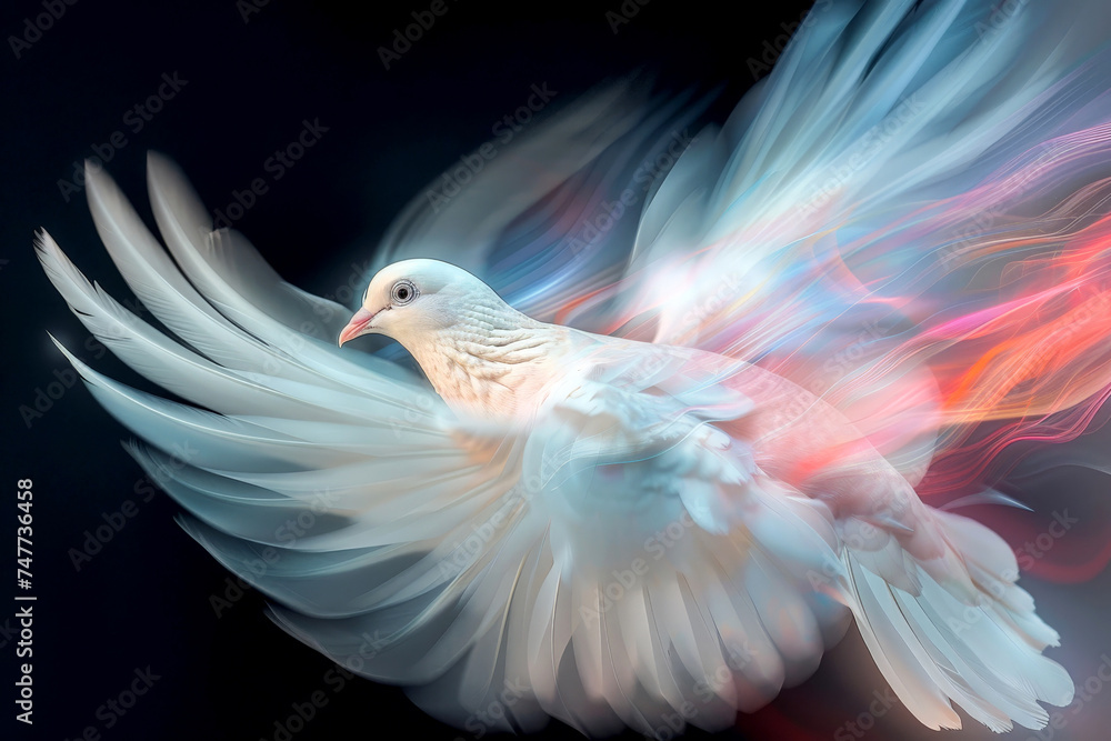A beautiful white dove with open wings and neon effects .International Peace Day, generative Ai