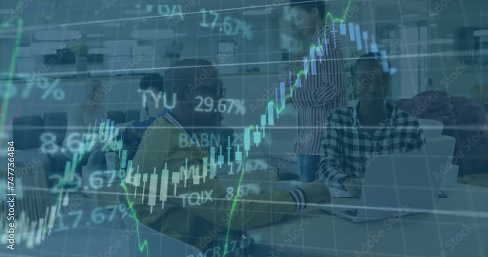 Animation of financial data processing over diverse business people in office Animation of financial data processing over diverse business people in office