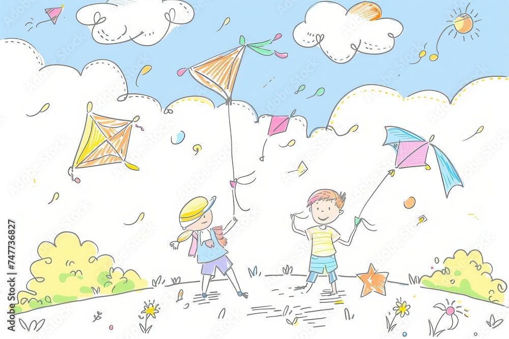Cartoon cute doodles of children flying kites on a sunny day, with colorful kites soaring in the sky, Generative AI Cartoon cute doodles of children flying kites on a sunny day, with colorful kites soaring in the sky, Generative AI