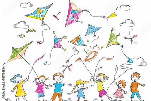 Cartoon cute doodles of children flying kites on a sunny day  with colorful kites soaring in the sky  Generative AI